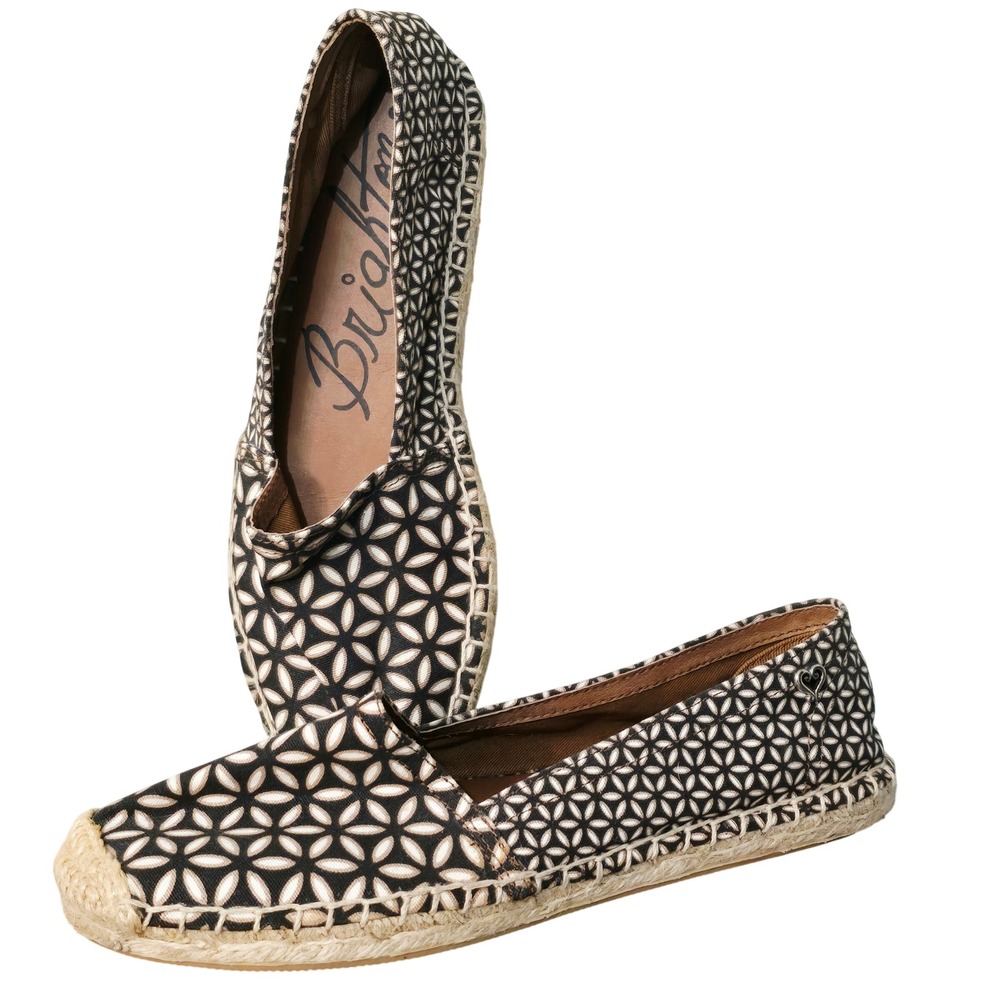 New!! Brighton Rattan Espadrille Flats Black White Geometric Print Heart Size 7